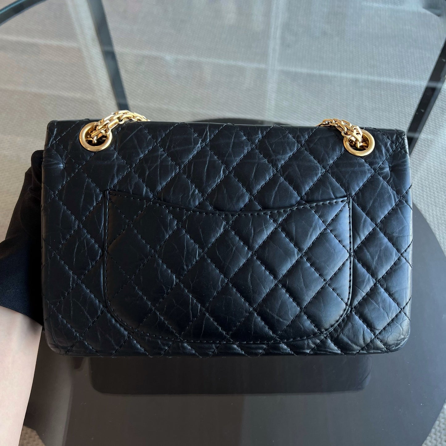 2.55 Reissue 225 Medium 24CM Quilted Calfskin Black Ruthenium Golden Hardware Series 13