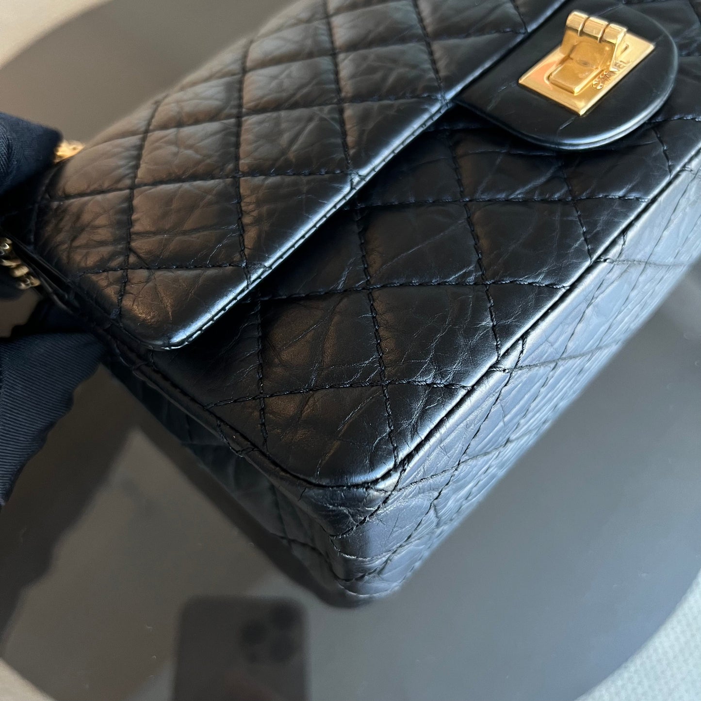 2.55 Reissue 225 Medium 24CM Quilted Calfskin Black Ruthenium Golden Hardware Series 13