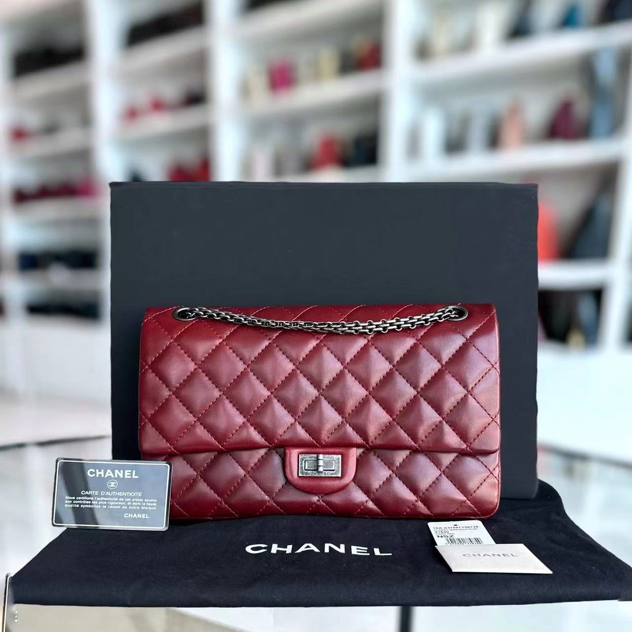 2.55 Reissue 226 Medium Quilted Glazed Calfskin Burgundy Silver Hardware Series 13