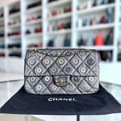 2015 Cruise Paris-Dubai Seasonal Flap Perforated Metallic Grey Golden Hardware Series 20