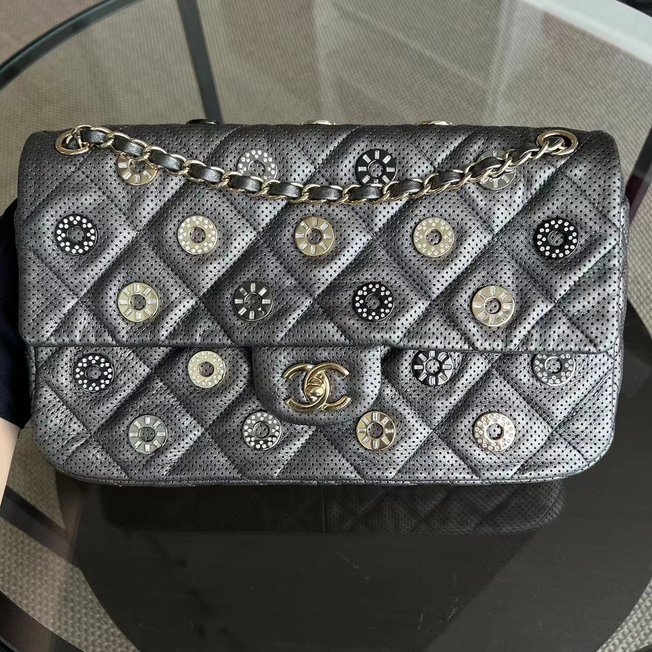 2015 Cruise Paris-Dubai Seasonal Flap Perforated Metallic Grey Golden Hardware Series 20