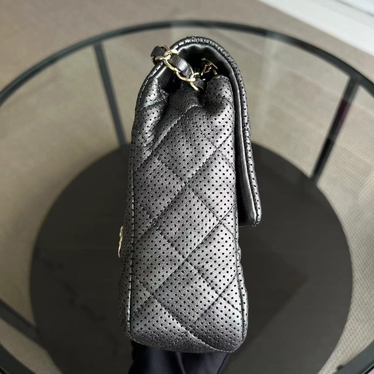 2015 Cruise Paris-Dubai Seasonal Flap Perforated Metallic Grey Golden Hardware Series 20