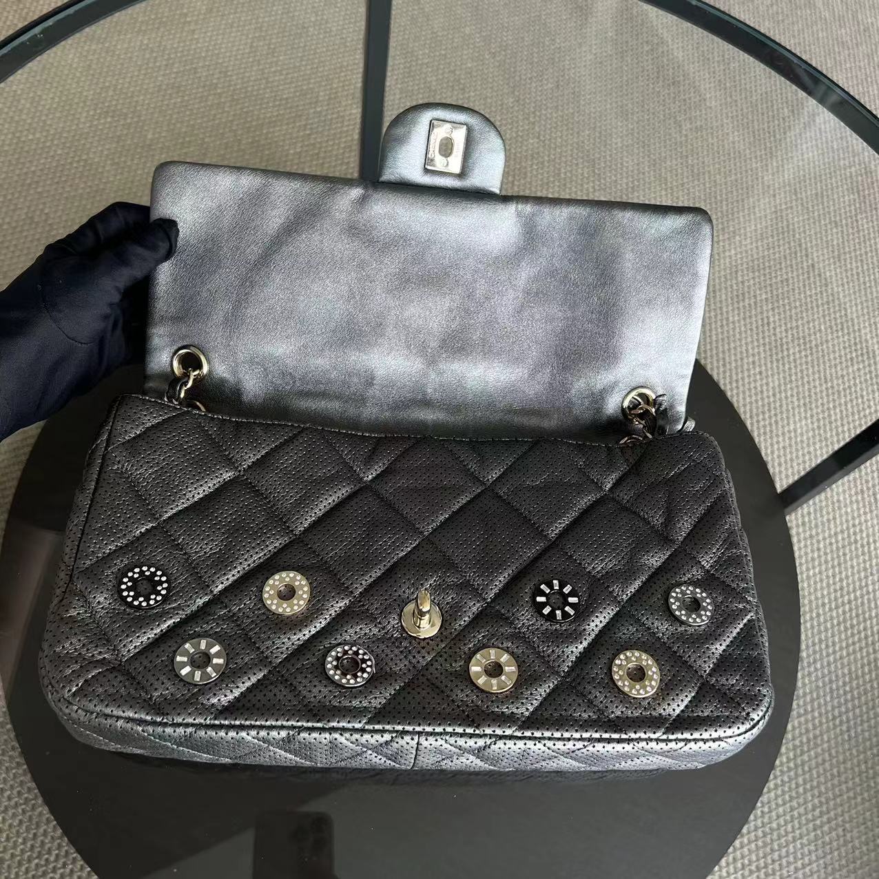 2015 Cruise Paris-Dubai Seasonal Flap Perforated Metallic Grey Golden Hardware Series 20