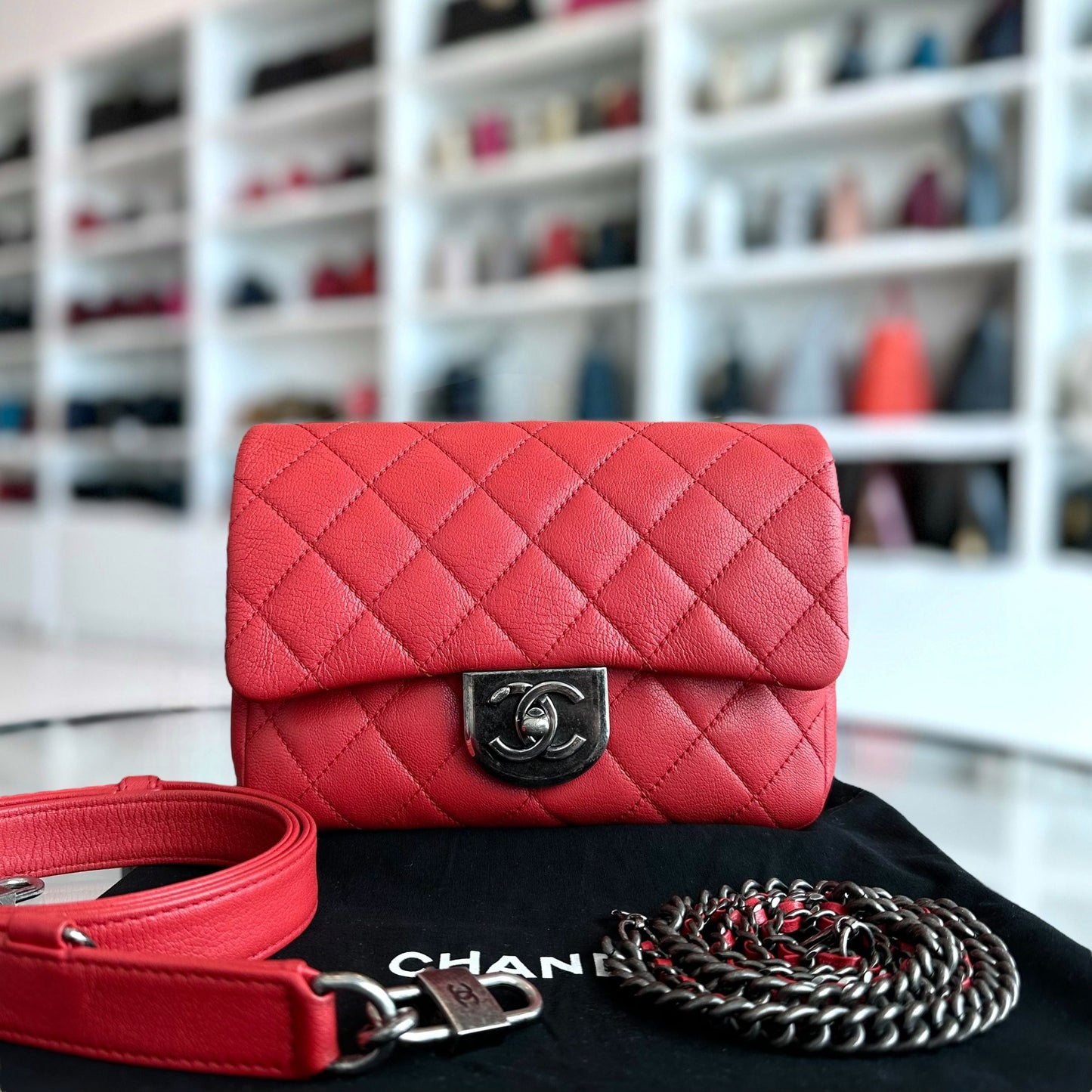 2016 Seasonal Flap Two Way Quilted Grained Calfskin Red No 21