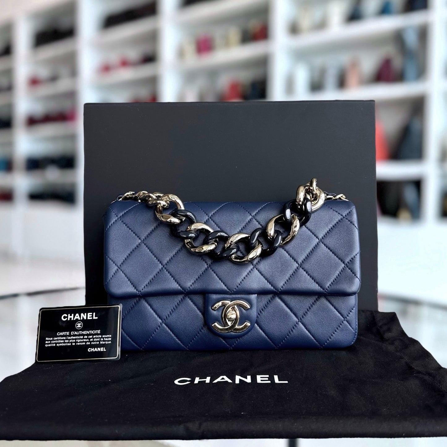 2020 Elegant Resin Chain Classic Flap Quilted Lambskin Dark Blue GHW No 29