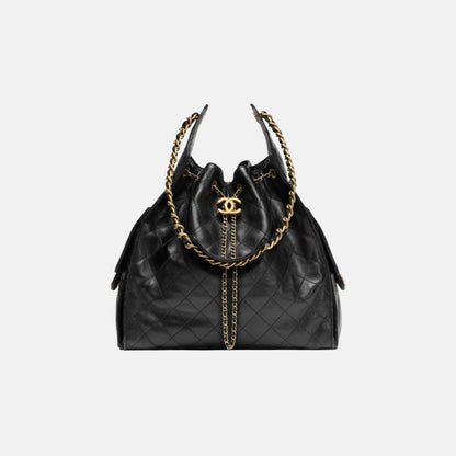 Chanel 25 Medium Handbag Grained Calfskin And Gold-Tone Metal, Black, Front View