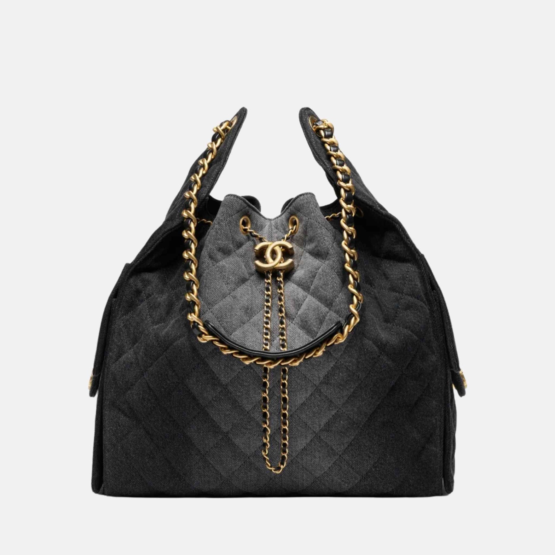 Chanel 25 Medium Handbag Washed Denim And Gold Tone Metal, Black, Front
