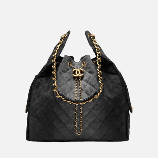 Chanel 25 Medium Handbag Washed Denim And Gold Tone Metal, Black, Front