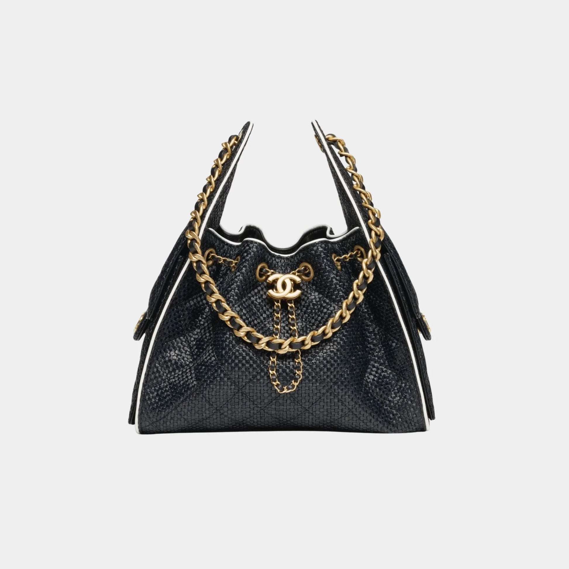 Chanel 25 Small Handbag Braided Raffia Calfskin & Gold Tone Metal, Black and White 
