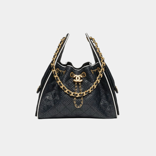 Chanel 25 Small Handbag Braided Raffia Calfskin & Gold Tone Metal, Black and White 