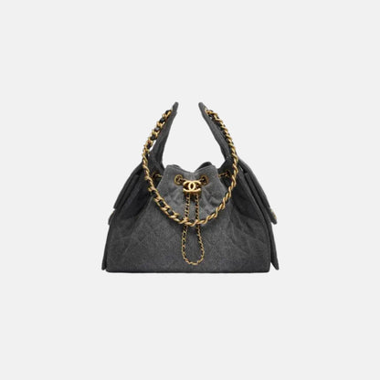 Chanel 25 Small Handbag Washed Denim And Gold-Tone Metal, Black, Front View