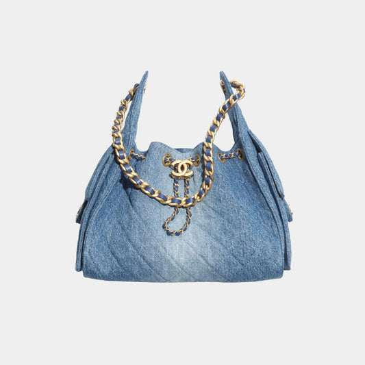 Chanel 25 Small Handbag washed denim & Gold Tone Metal, Front