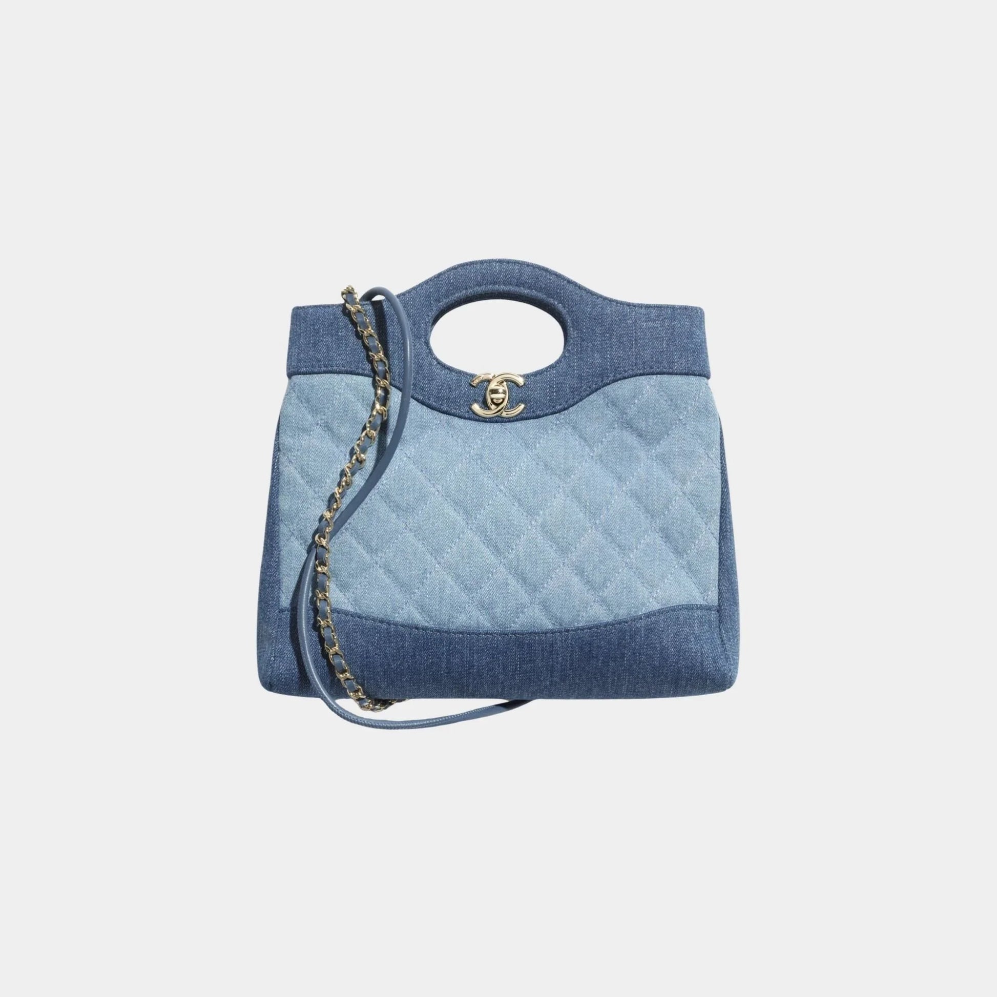 Chanel 31 Mini Shopping Bag Washed Denim & Gold Tone Metal, Front 