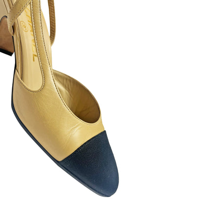 Chanel sling back leather on canvas mules