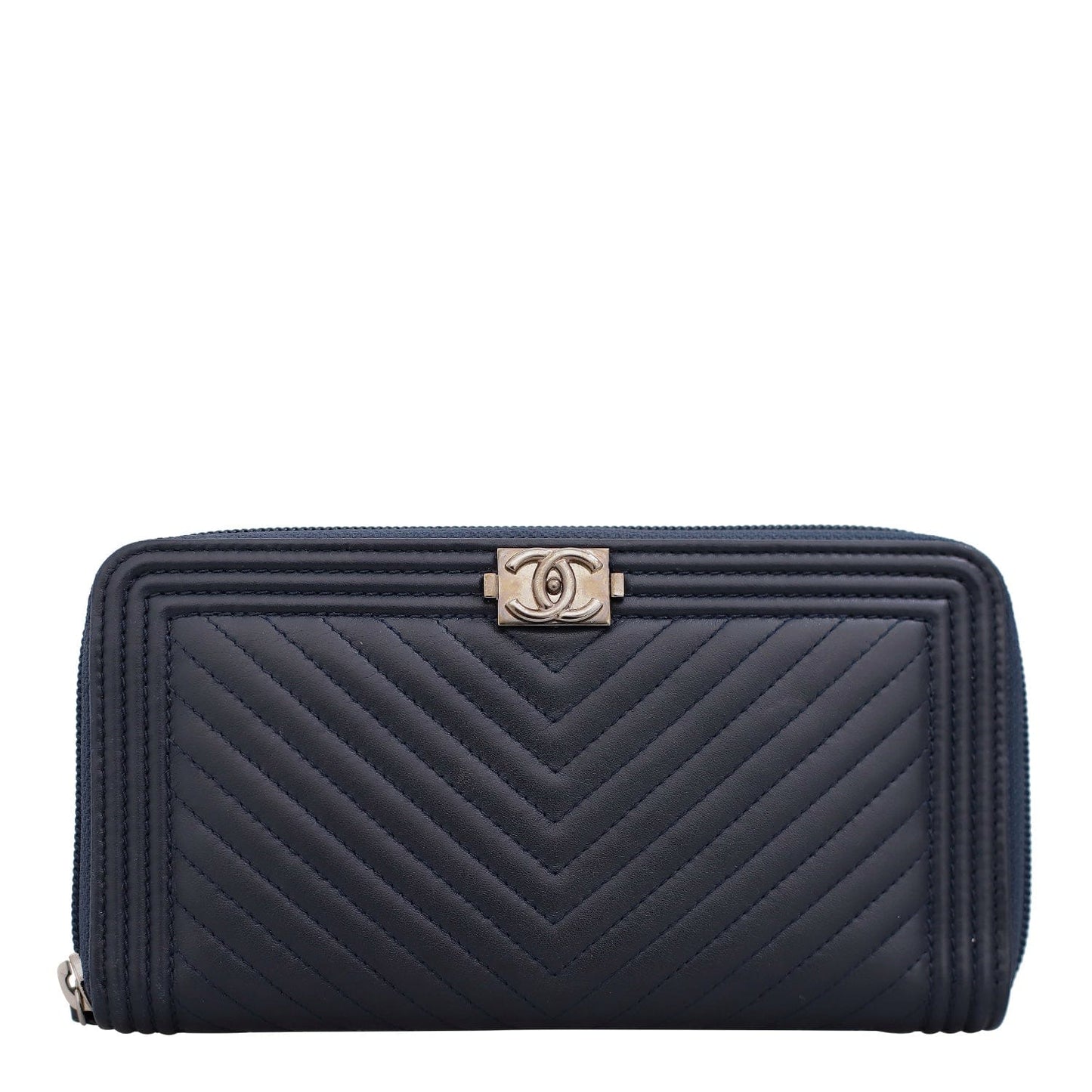 Chanel Boy Chevron Quilted Zip-Around Wallet Dark Blue 03307A