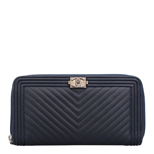 Chanel Boy Chevron Quilted Zip-Around Wallet Dark Blue 03307A