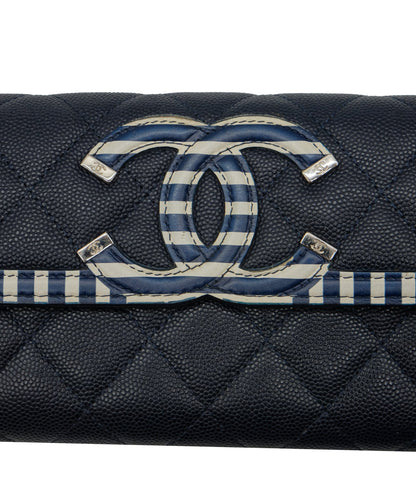 Chanel Matelasse Cruise Line Long Wallet Caviar Skin Navy CC Auth 29542A DXBS0329