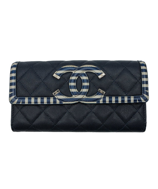 Chanel Matelasse Cruise Line Long Wallet Caviar Skin Navy CC Auth 29542A DXBS0329