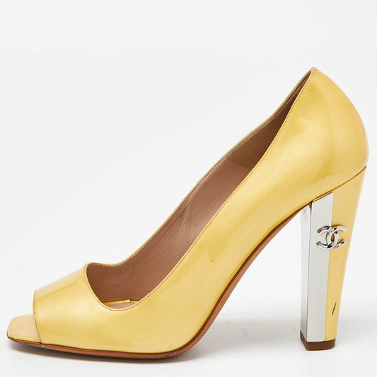 Chanel Yellow Patent Leather CC Open Toe Pumps Size 38 RJC4309