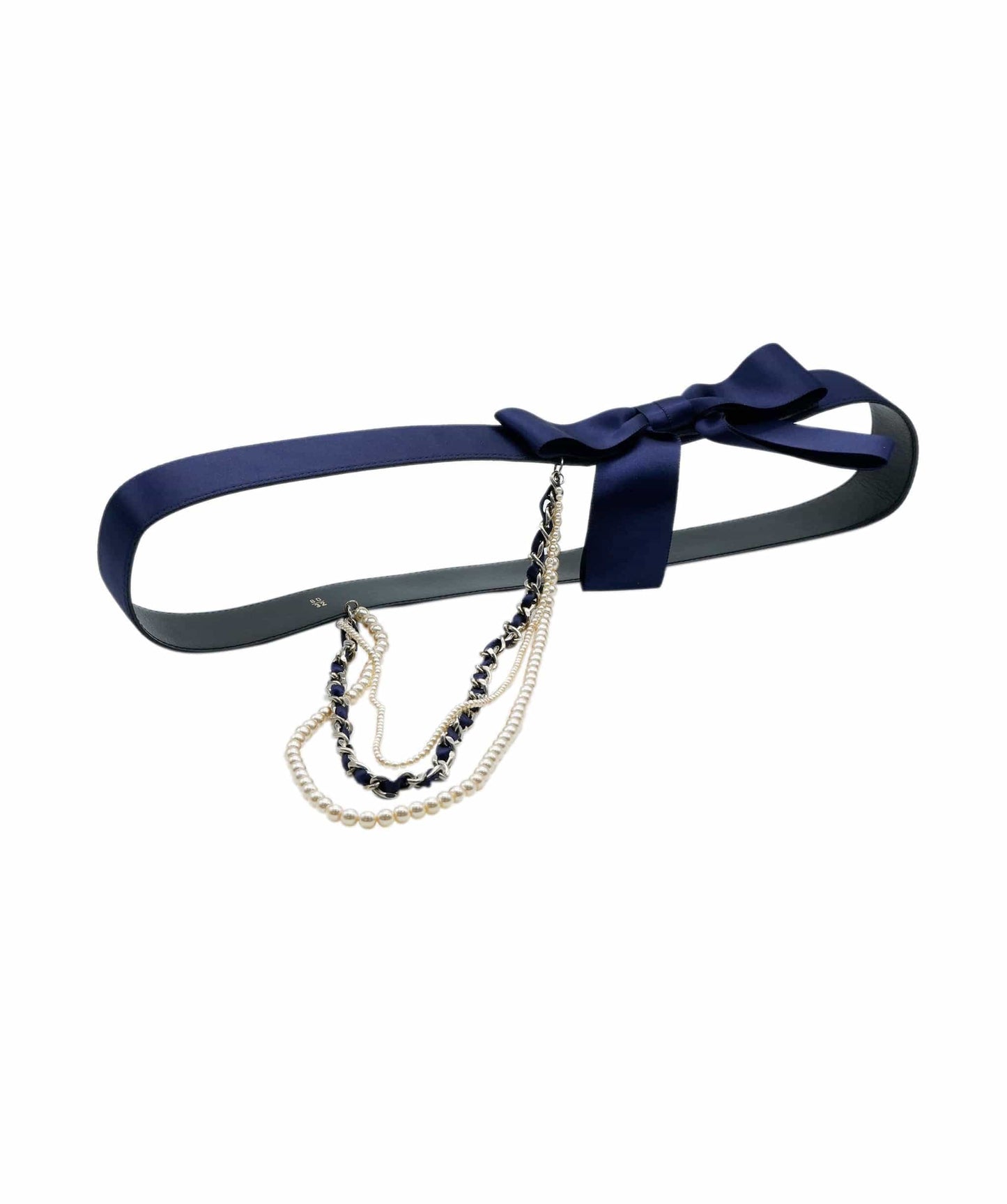 Chanel Belt Navy Satin Bow and Pearl Detail Size 80 AGC1472
