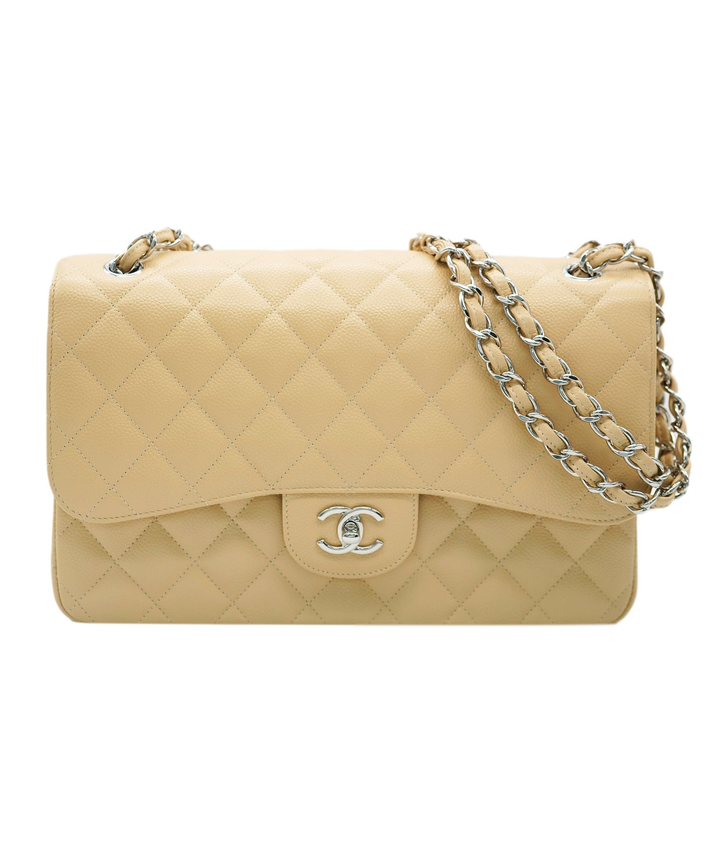 Chanel Caviar Beige Jumbo With Silver Hardware In Box  DBXS1040