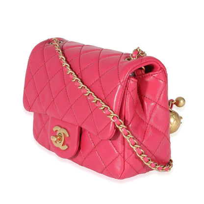 Chanel Dark Pink Quilted Lambskin Pearl Crush Mini Square Flap Bag DXBS1463