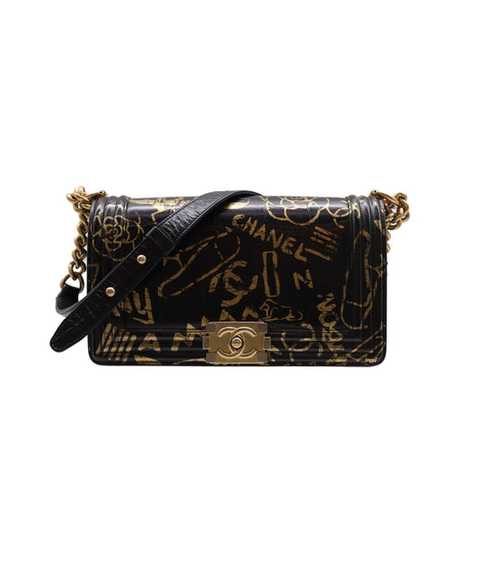 Chanel 19A Egypt Black Crocodile Print Graffiti Boy Bag - DXBS2294