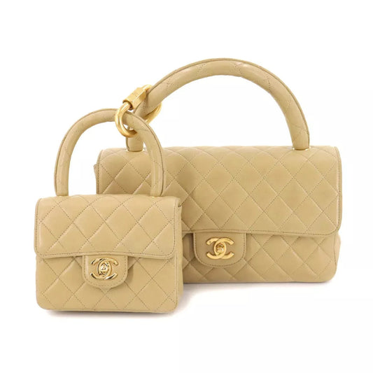Chanel Matelasse Pair Hand Bag Leather Beige Purse Vintage 90131905
