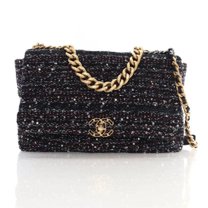 Chanel Maxi Black Multicolor Tweed Sequin Quilted Chanel 19 Flap L-S0GIYG