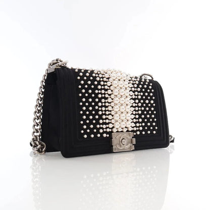 Chanel Old Medium Black Satin Embellished Boy Bag L-IUWOYB