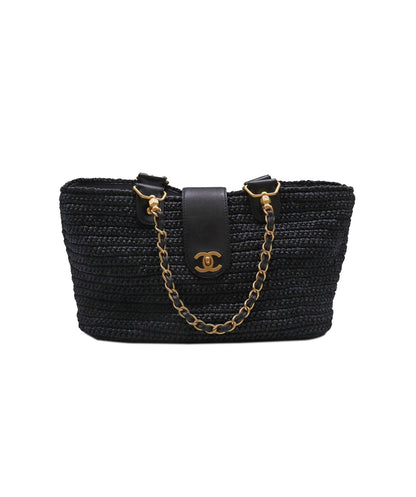 CHANEL VINTAGE CHAIN TOTE BAG NAVY RAFFIA 90249817 90249817