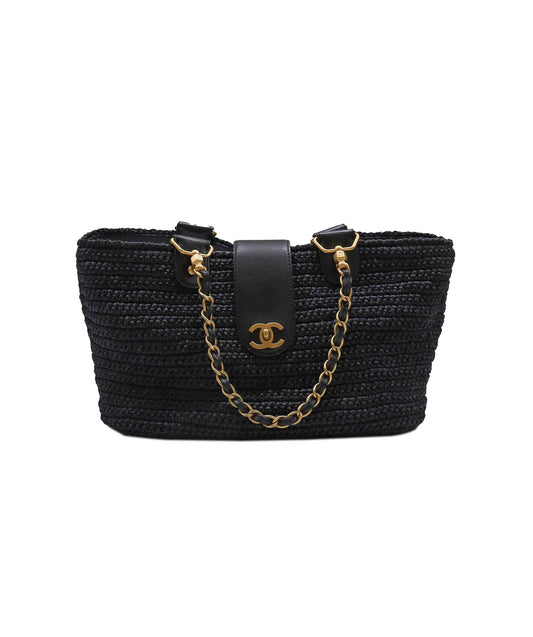 CHANEL VINTAGE CHAIN TOTE BAG NAVY RAFFIA 90249817 90249817