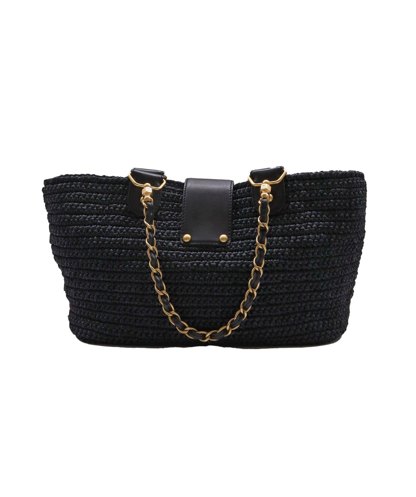 CHANEL VINTAGE CHAIN TOTE BAG NAVY RAFFIA 90249817 90249817