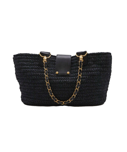 CHANEL VINTAGE CHAIN TOTE BAG NAVY RAFFIA 90249817 90249817