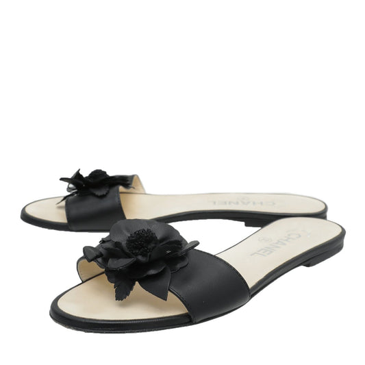 Chanel Bicolor Camellia Flat Sandals 38