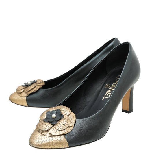 Chanel Bicolor CC Cap Toe Camellia Python Pump 37