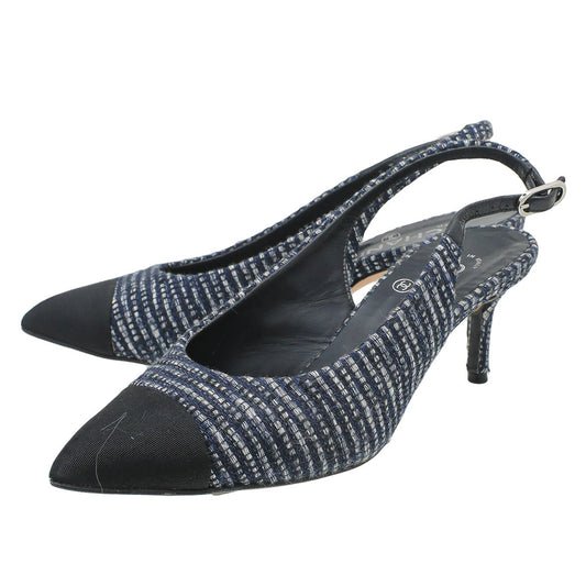 Chanel Bicolor CC Cap Toe Tweed Pointed Slingback 37