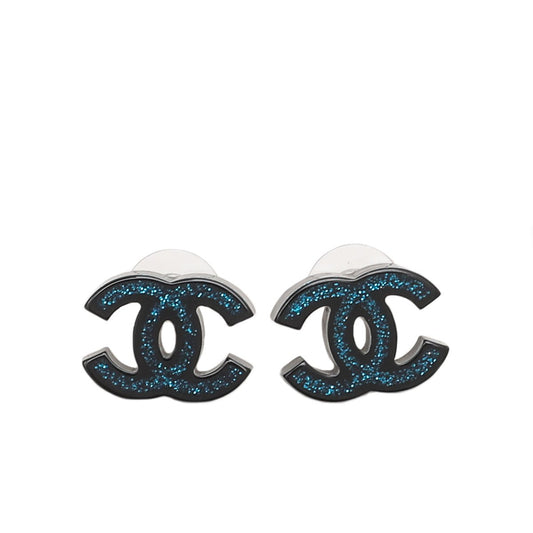 Chanel Bicolor CC Glitter Resin Stud Earrings