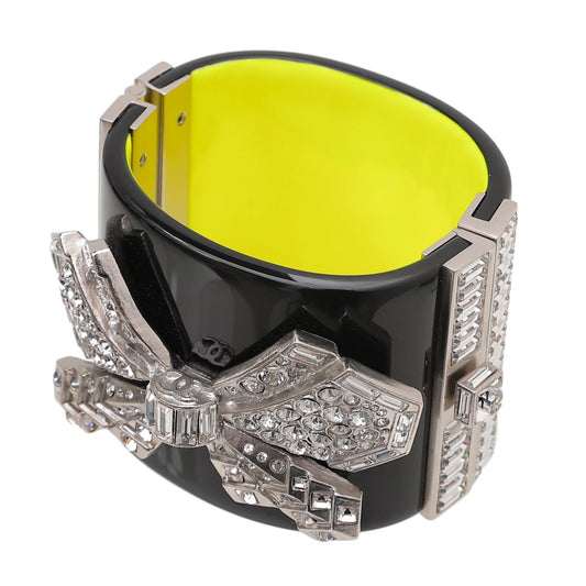 Chanel Bicolor Crystal Embellished Metal Bow Resin Wide Cuff Bracelet