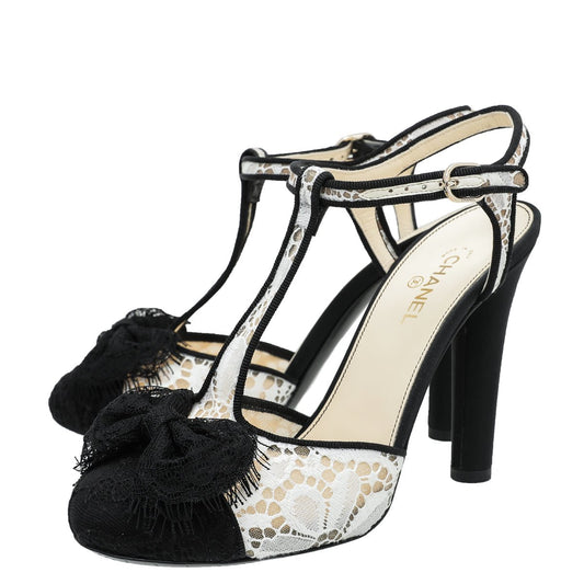 Chanel Bicolor Lace Bow T Ankle Strap Sandals 37.5