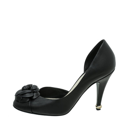 Chanel Black CC Camellia Flower Half-D'Orsay Pumps 36.5