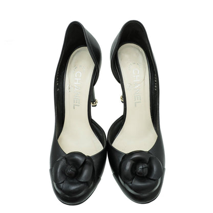 Chanel Black CC Camellia Flower Half-D'Orsay Pumps 36.5