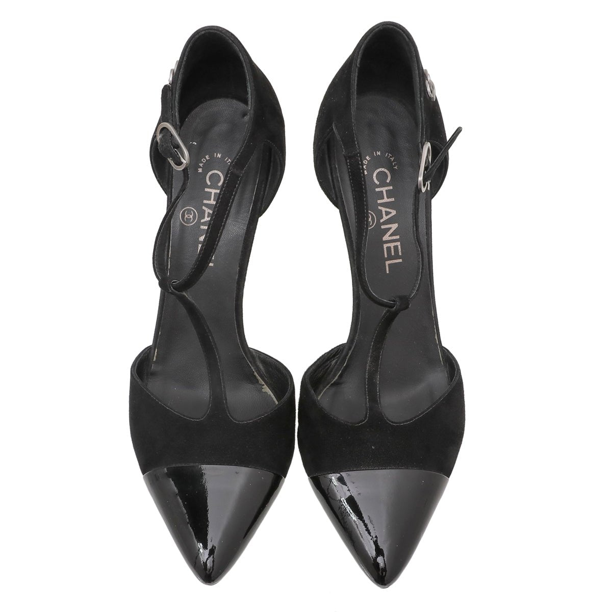 Chanel Black CC Cap Toe Chaus Ouvertes T Strap Pumps 40.5