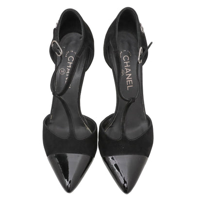 Chanel Black CC Cap Toe Chaus Ouvertes T Strap Pumps 40.5