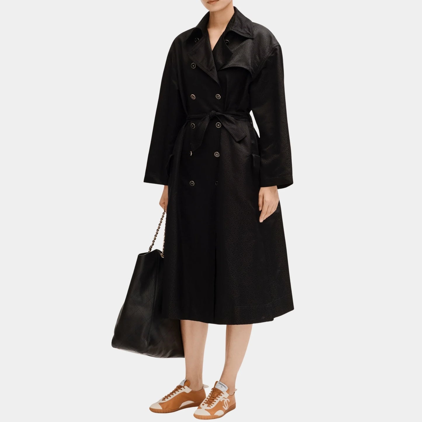 Chanel Black Trench Coat in Silk Jacquard Satin, Front