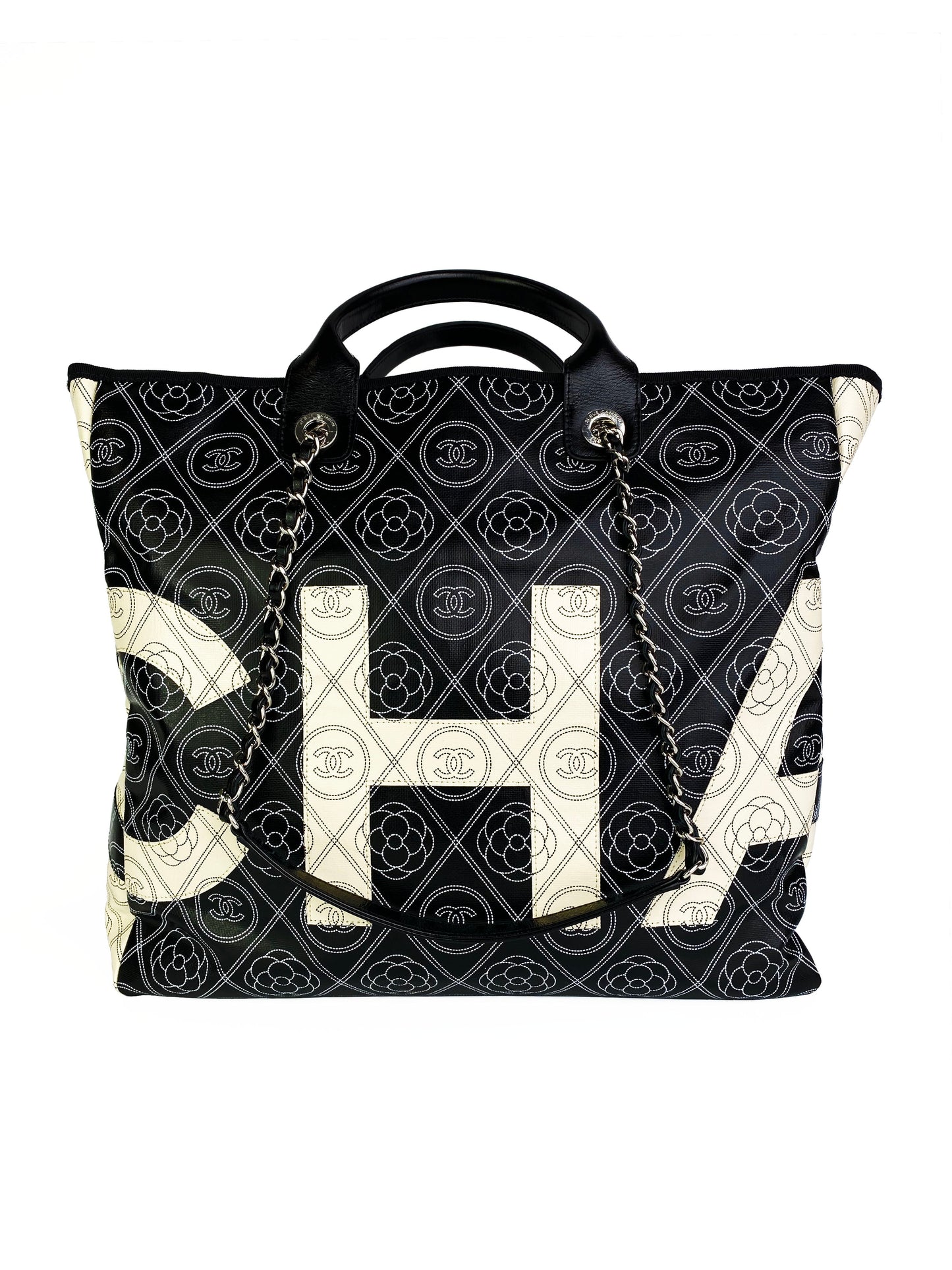 Chanel Black & White Logo Camellia Large Shopping Tote