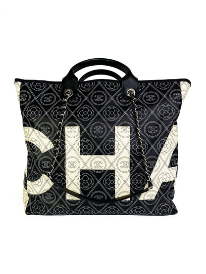 Chanel Black & White Logo Camellia Large Shopping Tote