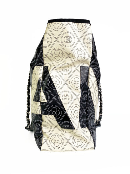 Chanel Black & White Logo Camellia Large Shopping Tote