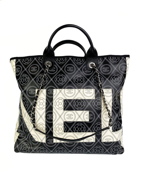 Chanel Black & White Logo Camellia Large Shopping Tote