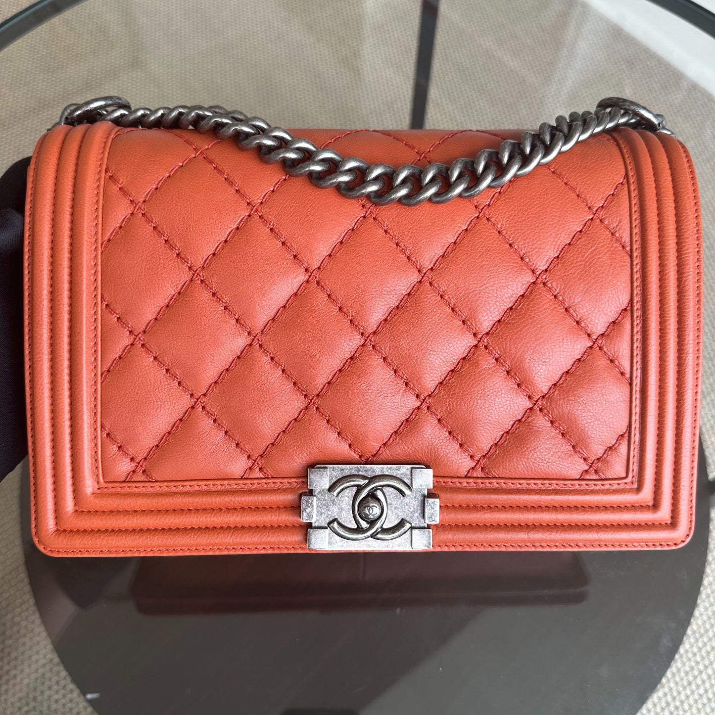 Boy Calfskin New Medium 28CM Quilted Orange Leboy RSHW No 18